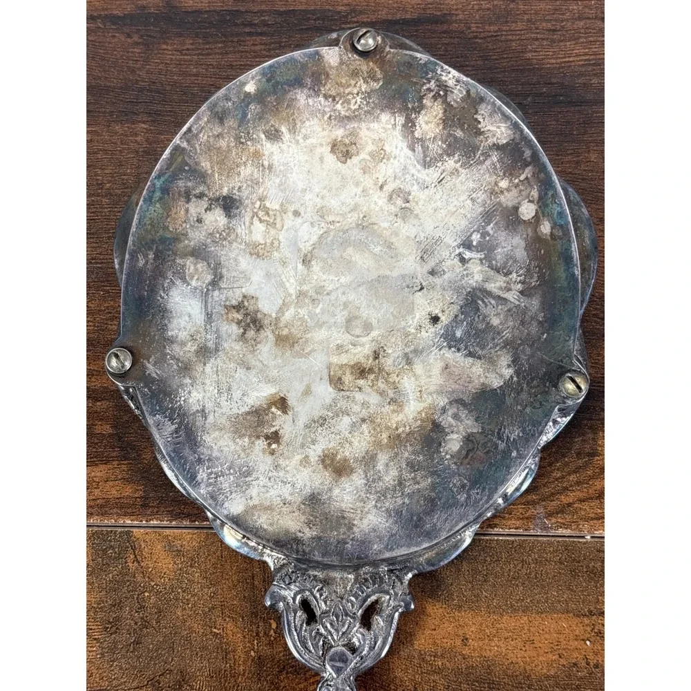 Vintage Ornate Silver Tone Handheld Vanity Mirror Embossed Floral Scrollwork
